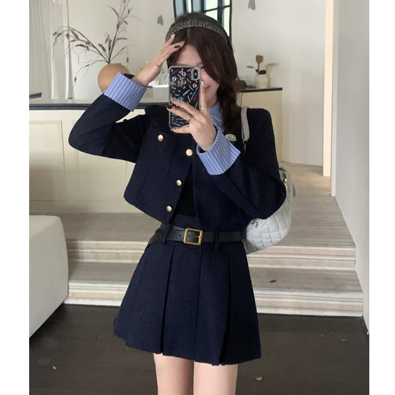 Women Spring Autumn Preppy Blazers Mini skirt Two Piece Set Korean Lady Patchwork Short Jackets Pleated Dress Outfit Blue Suit