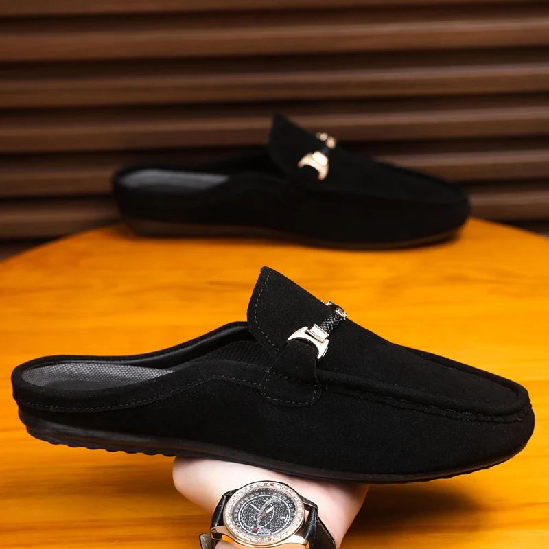 Summer Men Leather Half Slippers Comfortable Mens Loafers Breathable Casual Shoes Slip on Lazy Shoes Comfortable Walking Shoes