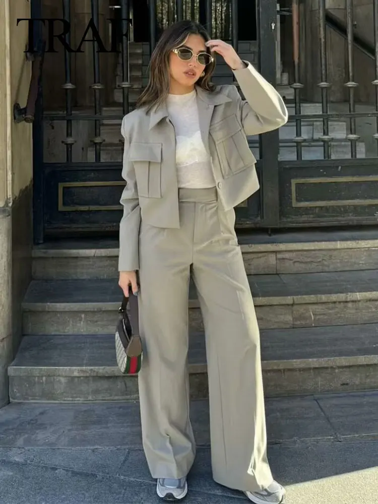 TRAF 2024 Spring Women Fashion 2 Piece Suits Solid Lapel Short Cardigan Coat + Casual Streetwear Female Wide Leg Long Pant