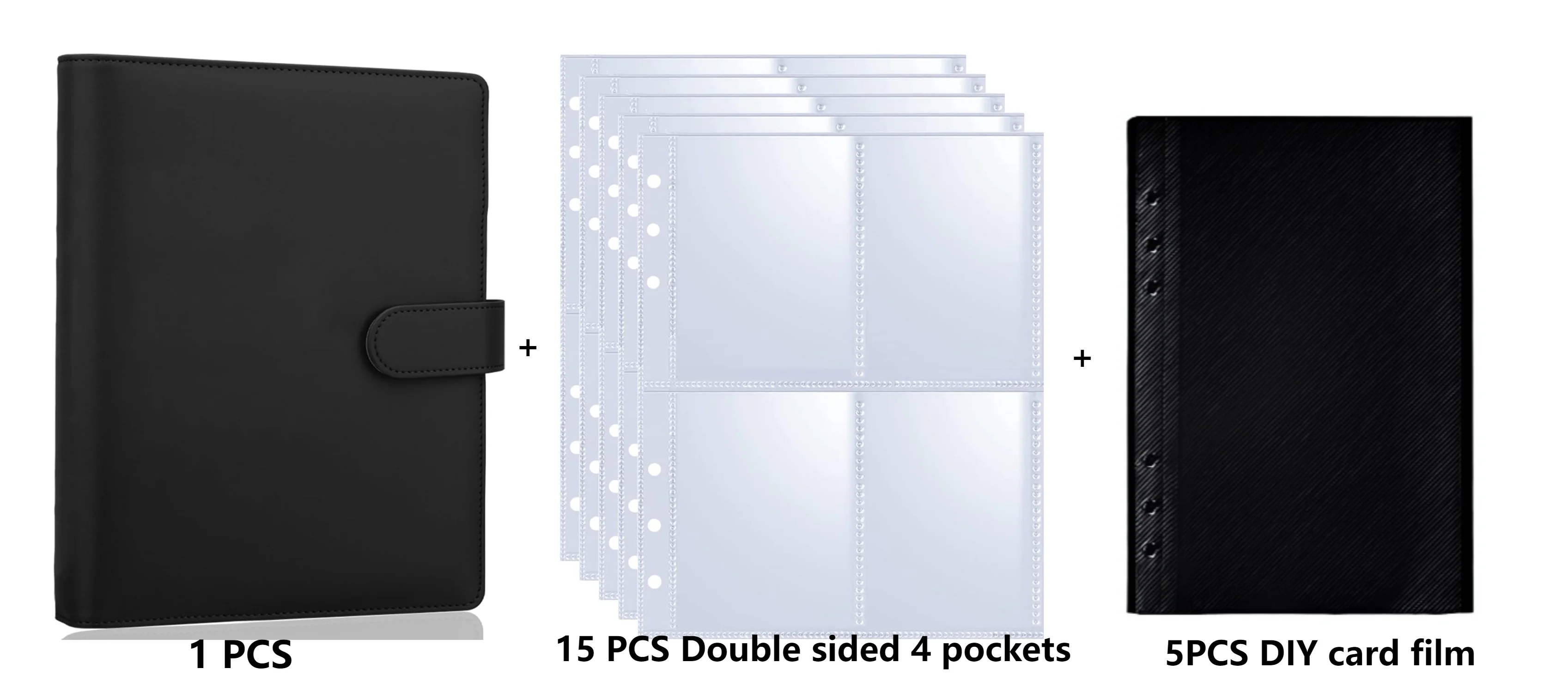 

A5 6 Ring PU Leather Kpop Photocard Binder set ,Include 25 Pack Double side 4-Pocket Card Pages and 10 Pack DIY black card films