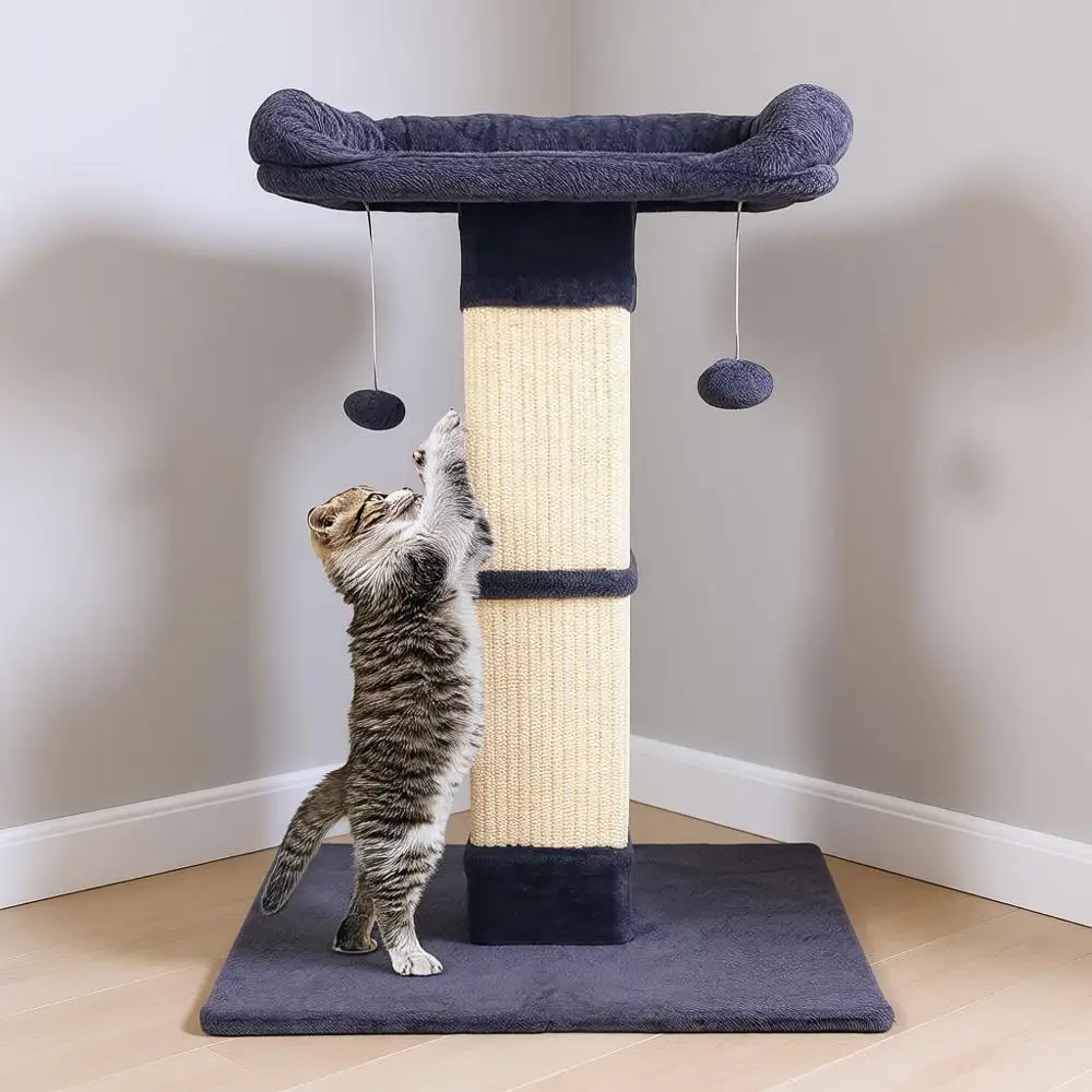 

34 Cat Scratching Post with Large Plush Perch, Veal Posts, Elevated Bed, Two Dangling Balls, Removable & Washable Cover, Grey