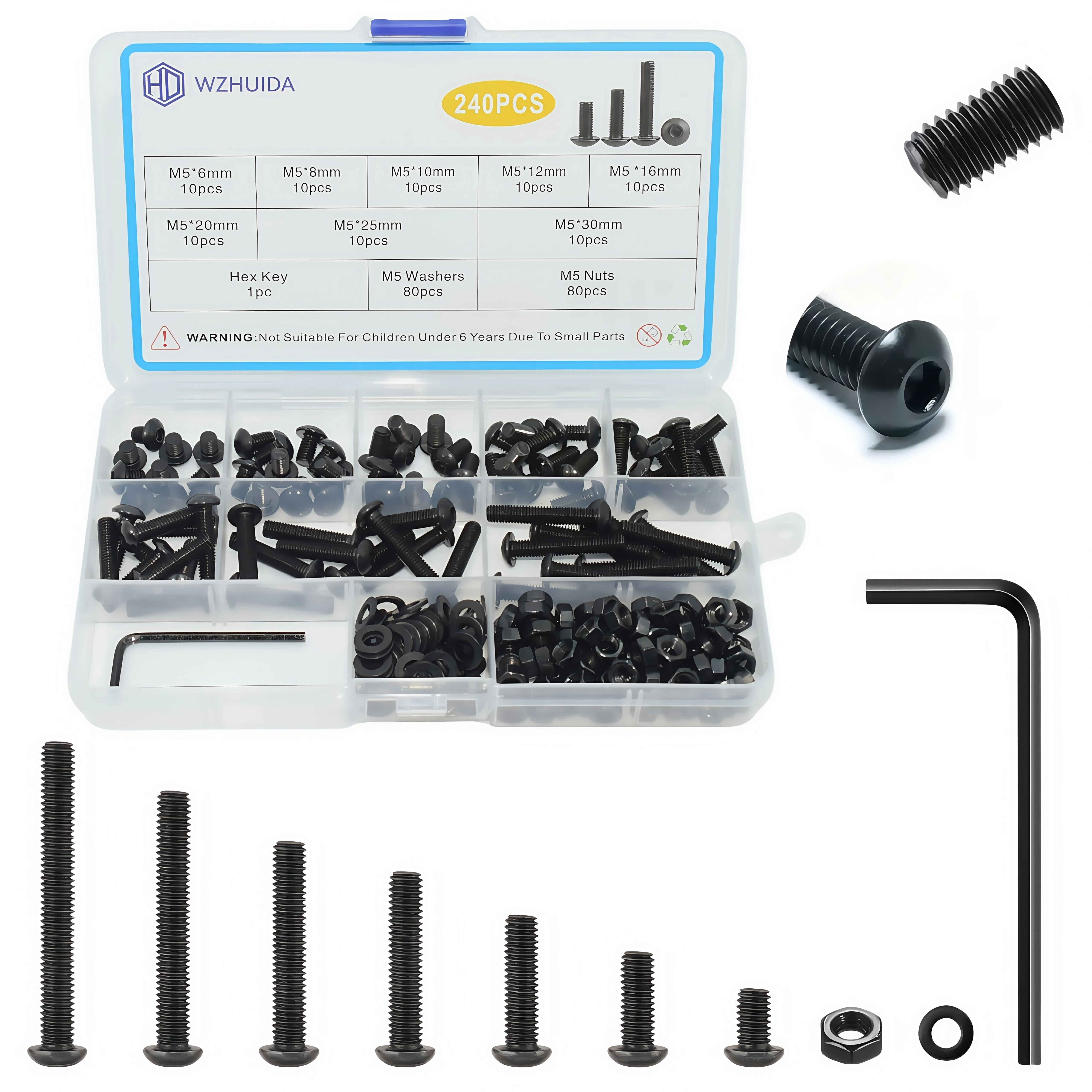

240 Pcs M5 Screws Assortment Kit, Metric Hex Button Head Socket Cap Screws Nuts Washers Kit with Wrench, Black Zinc Plated