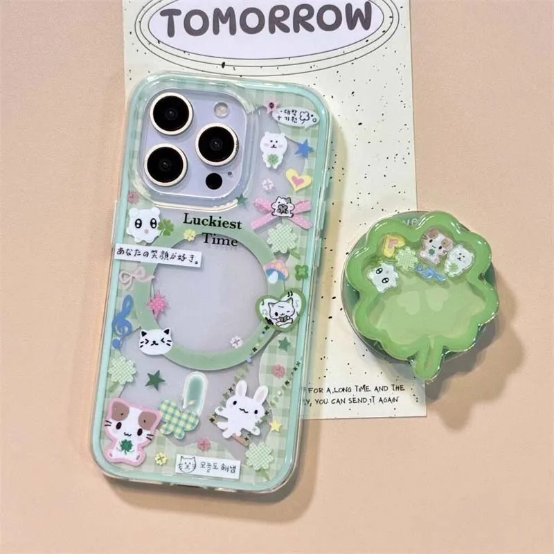 Magnetische Handyhülle mit Karomuster, vierblättrigem Kleeblatt und Katzenmotiv, inklusive magnetischer Halterung für iPhone 12, 13, 14, 15, 16, 17, 18 Pro Max. – Detail 3