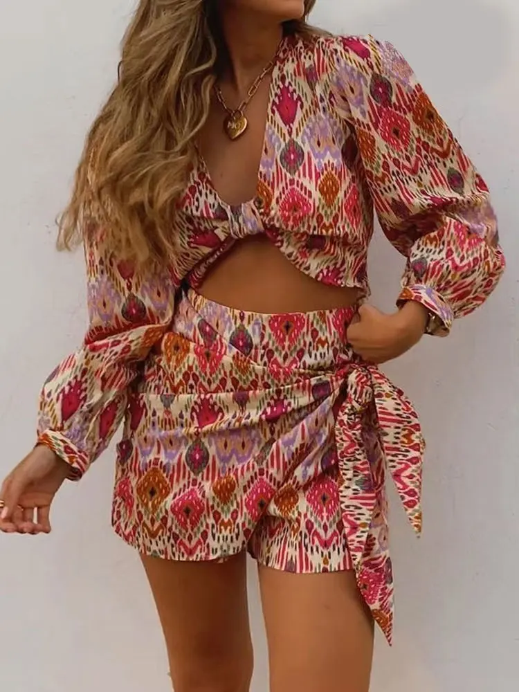 Women Fashion With Knotted Totem Print Shorts Skirts Vintage High Waist Side Zipper Female Skirts Mujer