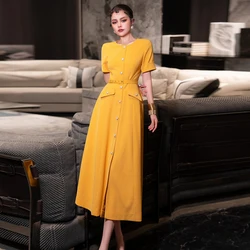 ZJYT Summer Fashion Single Breasted Womens Dresses 2025 Runway Designer Short Sleeve Elegant Casual Party Dress Yellow Vestidos
