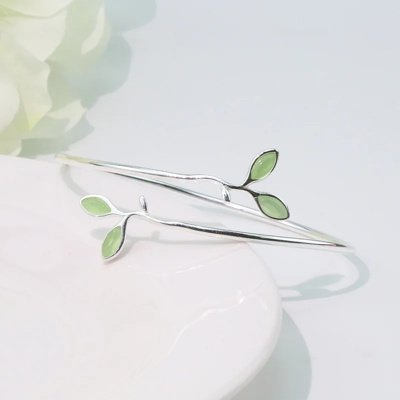 925 Sterling Silver Bracelet Bangle Simple Green Leaf Elegant Nature For Woman Girl Fashion Jewelry Gift Dropship Wholesale