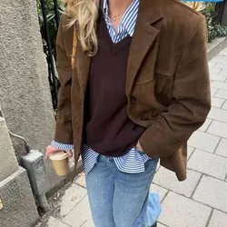 High Street Vintage Suede Jackets Women 2024 Autumn Winter Fashion Single Breasted Brown Outwear Female Long Sleeve Lapel Blazer