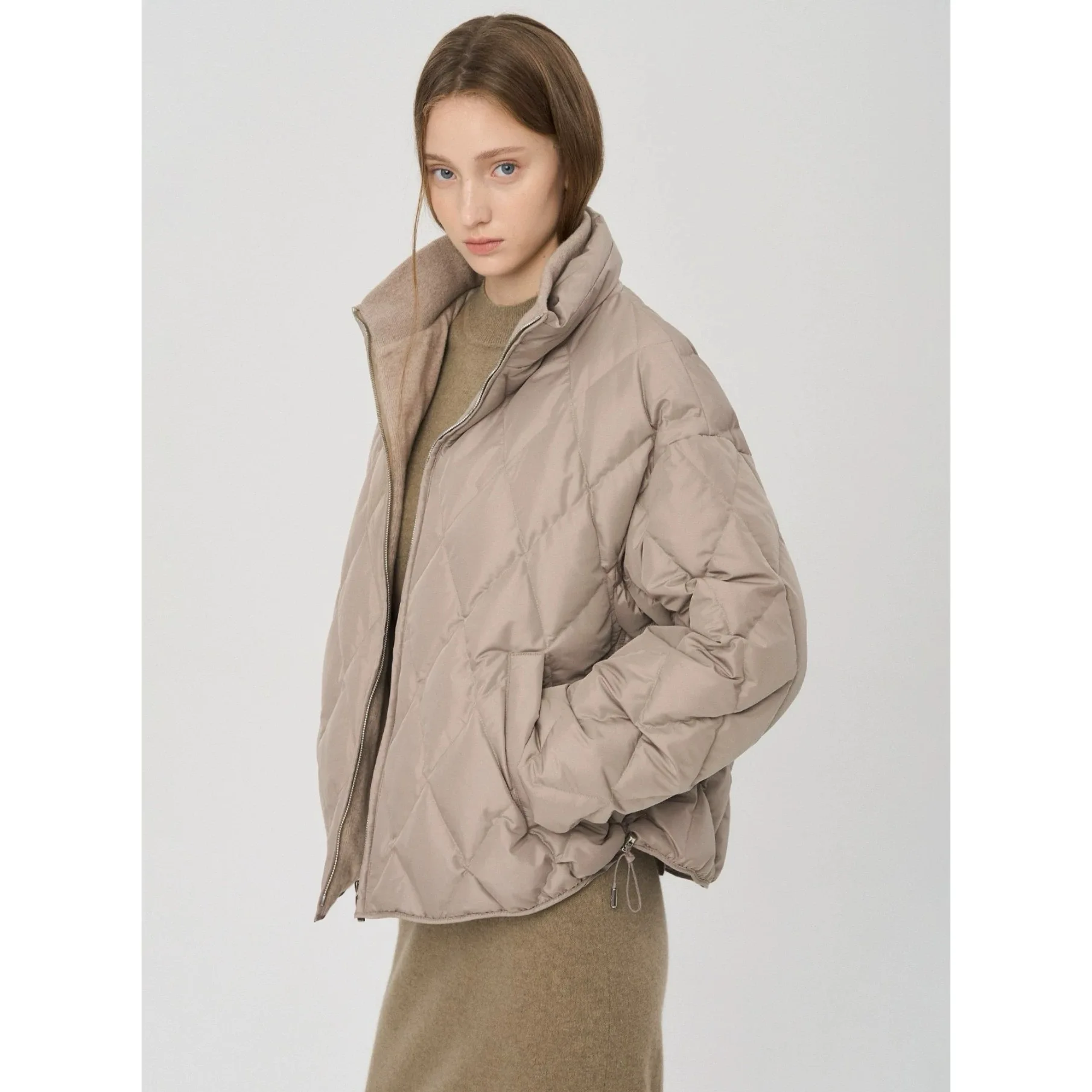 Casual Loose ort Goose down Jaet Lemon Cheese Autumn Winter Simple Sle Quilted Diamond Pattern Stand Collar Zipper Closure