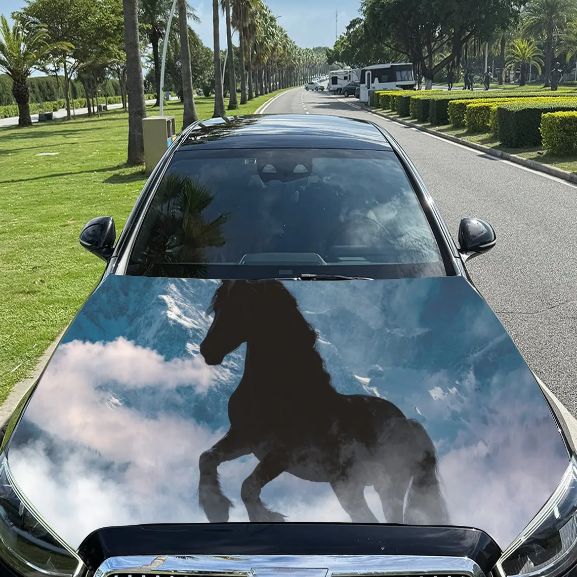 Автомобильные наклейки Лошадь с дышащим, облаком - заполненным и небом - шикарный фон, наклейка на капот автомобиля, водонепроницаемая самоклеящаяся V