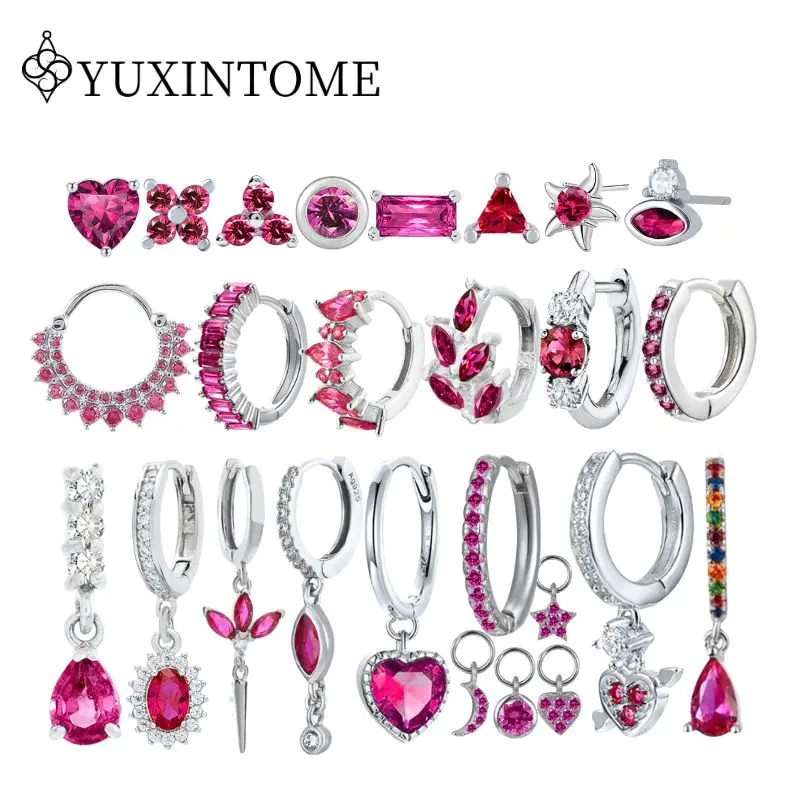 

Women's 925 Silver Needle Rose Red Zircon Water Drops/Heart Earrings Silver Hoop Luxury Earrings Fashion Party Jewelry Gifts