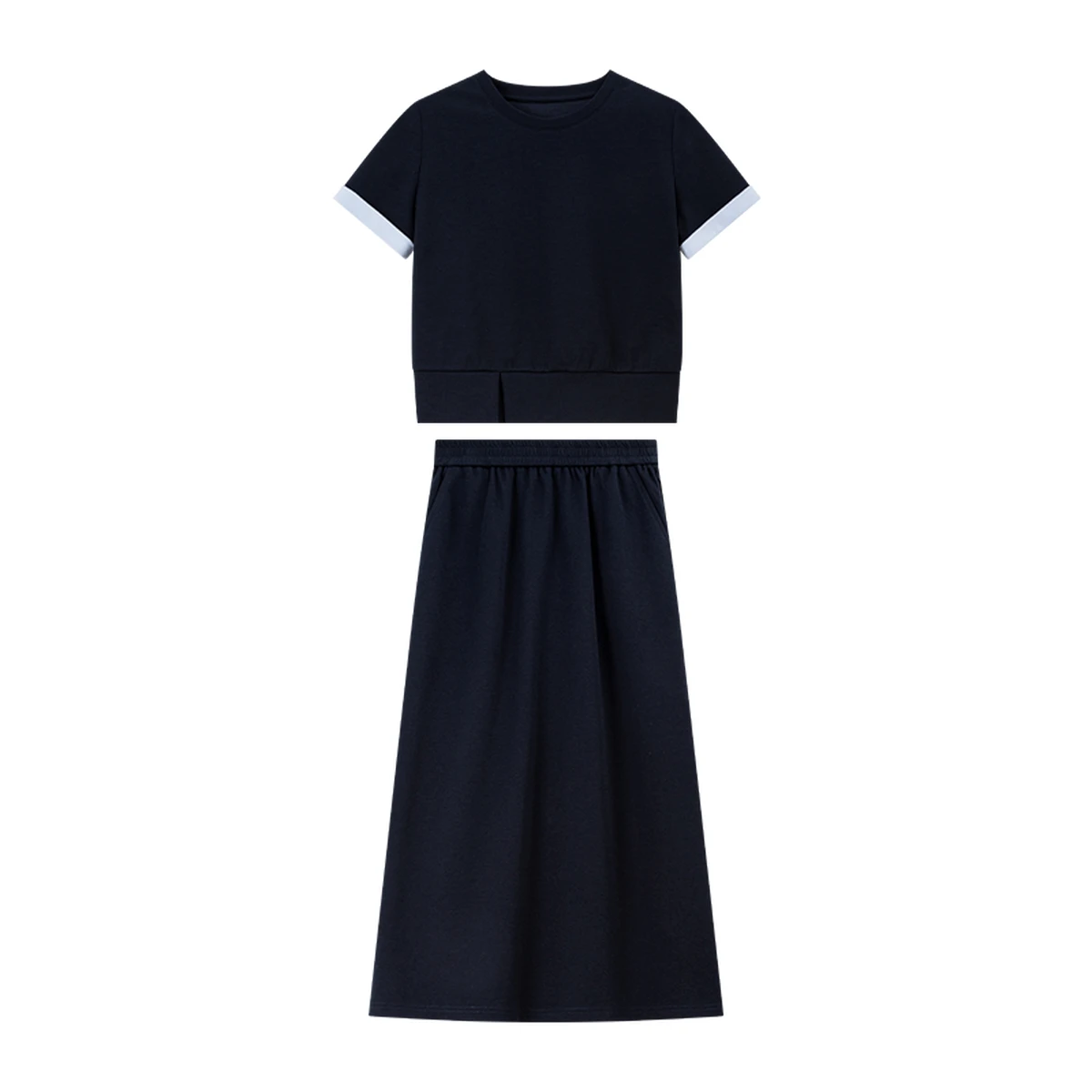 VIMLY Navy Casual Office Women's Suit 2026 Summer Contrast Folded Cuff Short Sleeve Tee Elastic Waist Straight Skirt Sets A6390 image 6