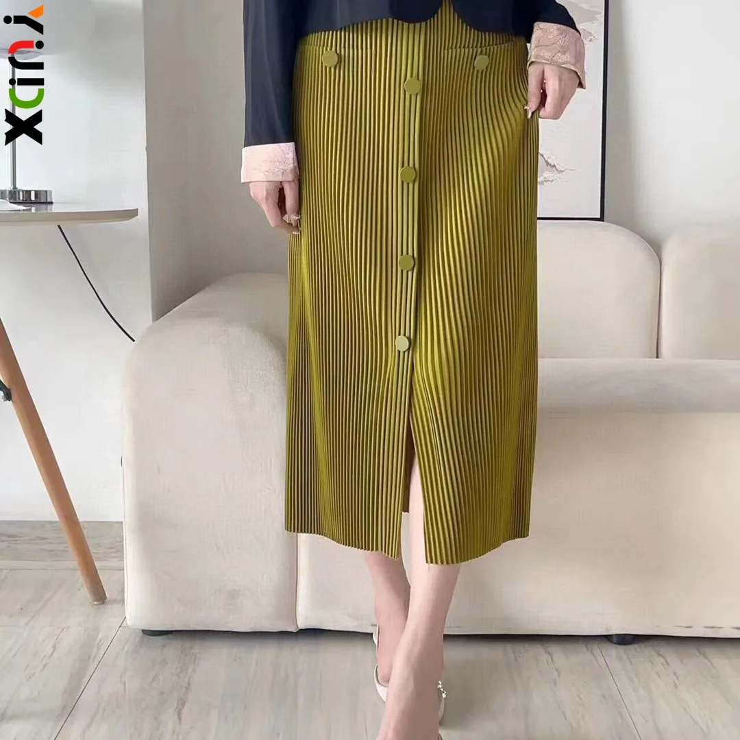 

Miyake Pleated Row Buttons Women's Skirt Retro Elastic Waist Design Sense High Quality Solid Semi-skirt 2024 Early Spring New