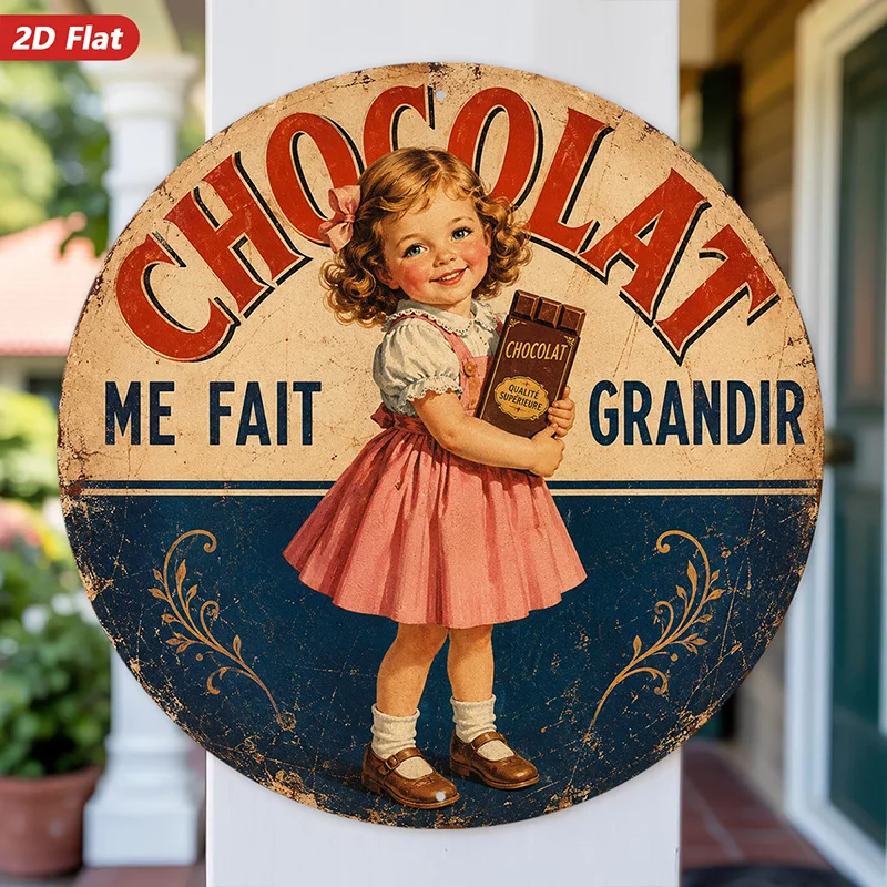 2D Flat - 【2D Flat】 2D Flat - [2D Flat] 2D Flat Print 1pc Round Metal Iron Sign, Chocolate Wall Art, Chocolat Quote, Smiling Cur