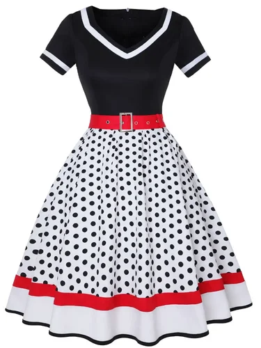Imagen 2 del producto Vestido de fiesta Vintage de los años 50 y 60, con cinturón, estampado de lunares, manga corta, bata Hepburn, vestidos Rockabilly Pin Up, 2022