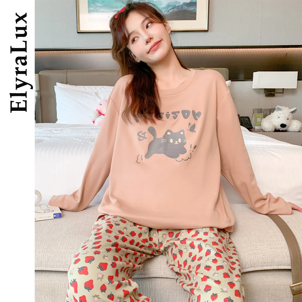 

ElyraLux женский жаккардовый пижамный комплект, топ с длинными рукавами и брюки, одежда для сна, комплект из двух предметов, женская повседневная мягкая домашняя одежда, осенняя пижама