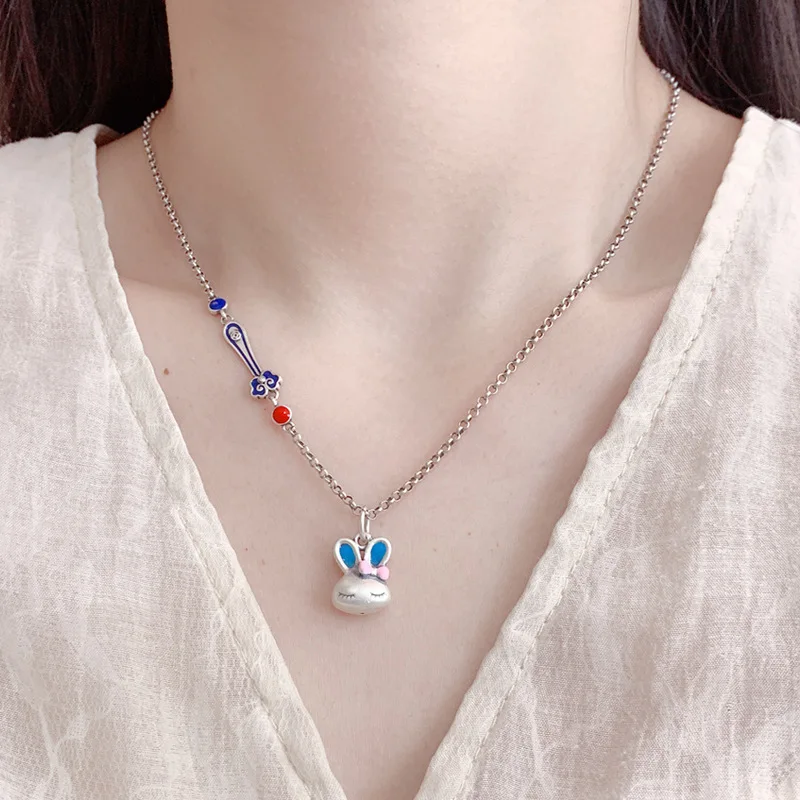 Simple 925 Sterling Silver Enamel Cute Rabbit Pendant Necklaces for Women Ethnic Bunny Beads DIY Material Jewelry Making XL061