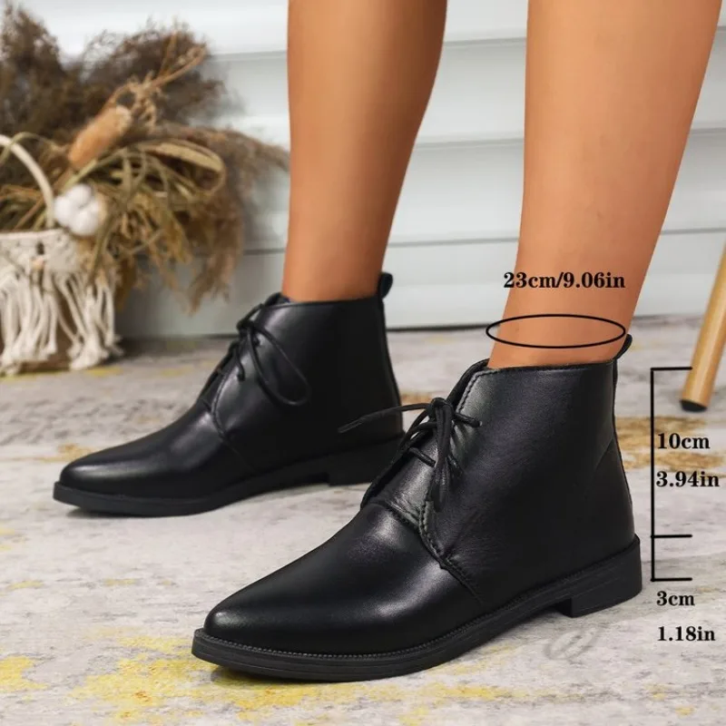 

2026 Fashion Luxury Leather Ankle Boots Womens Pointed Toe Sneakers Autumn Shoes Ladies Office Low Heels Plus Size 41 42 43