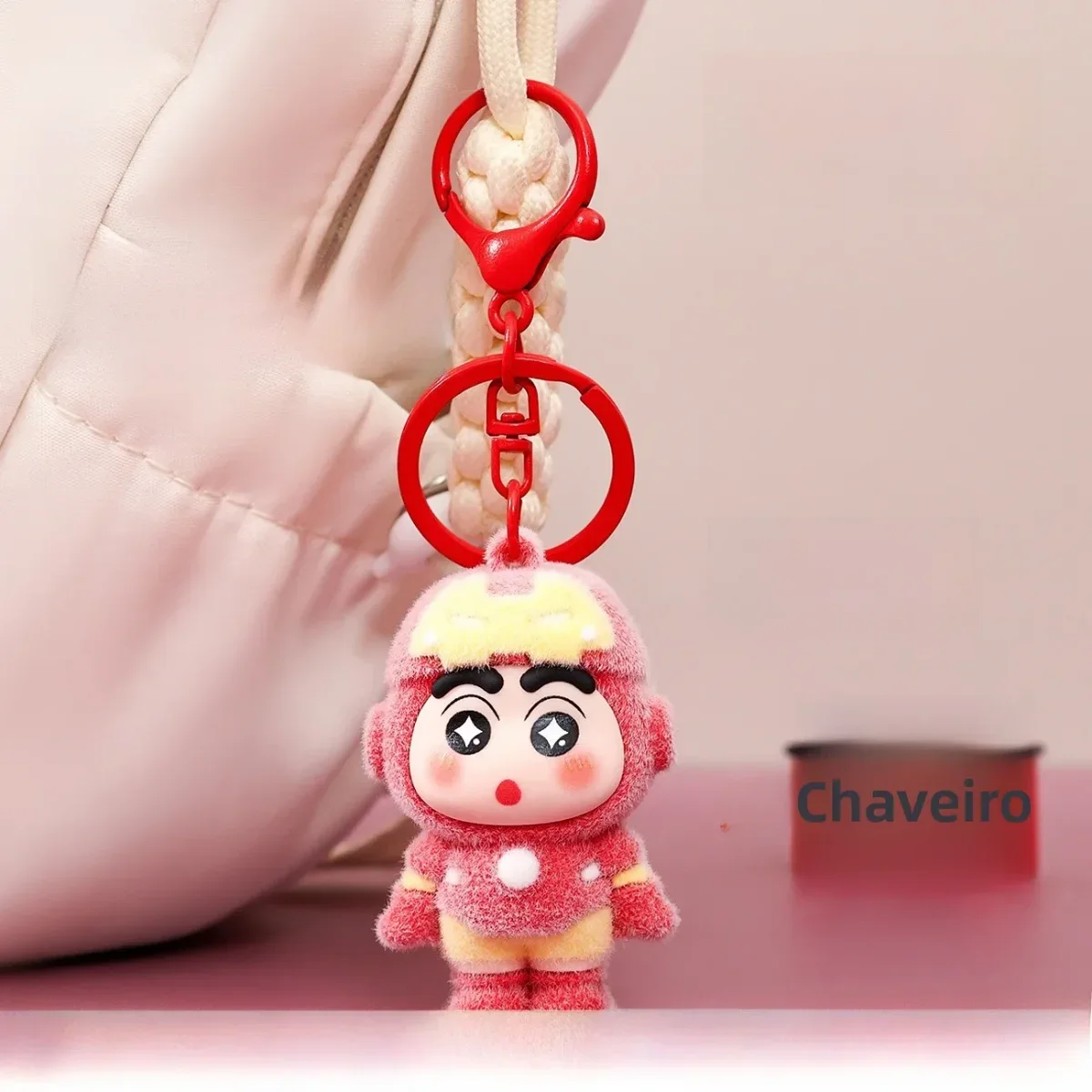Crayon Shin-chan Cos Super Hero Flocked Figure Keychain, Cartoon Doll Key Ring, Car Bag Hanging Pendant Anime Peripheral Gift