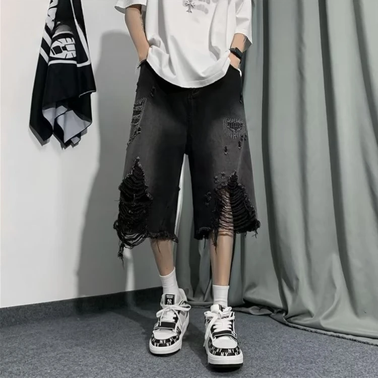 

American Vintage Men's Ripped Denim Shorts Wide Leg Knee-Length for Summer High Street Fashion Trendy Stylish Casual Streetwear