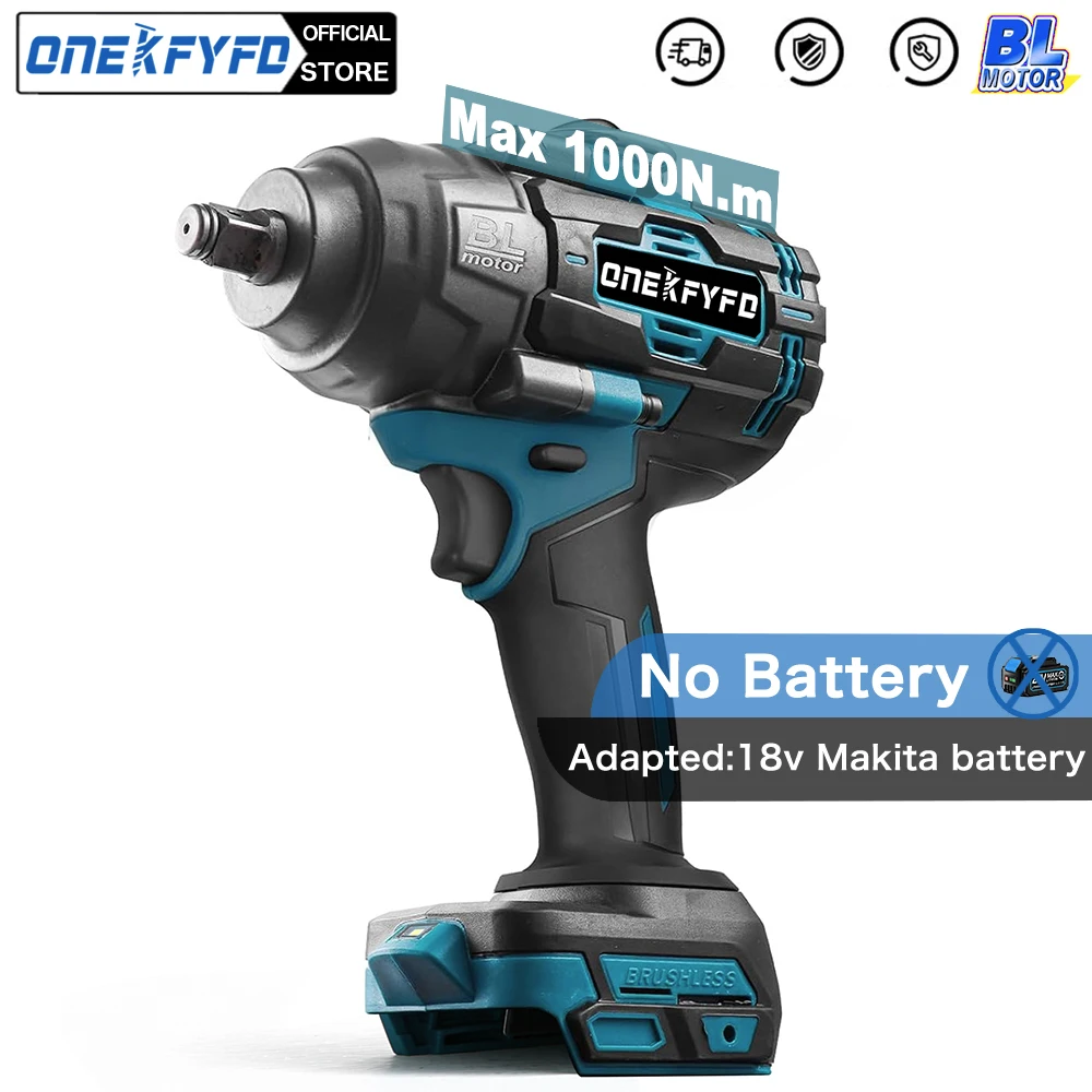 

1000N.m Brushless Electric Impact Wrench Rechargeable Li-ion Battery 1/2" Socket Wrench Cordless Wrench for Makita 18V Battery