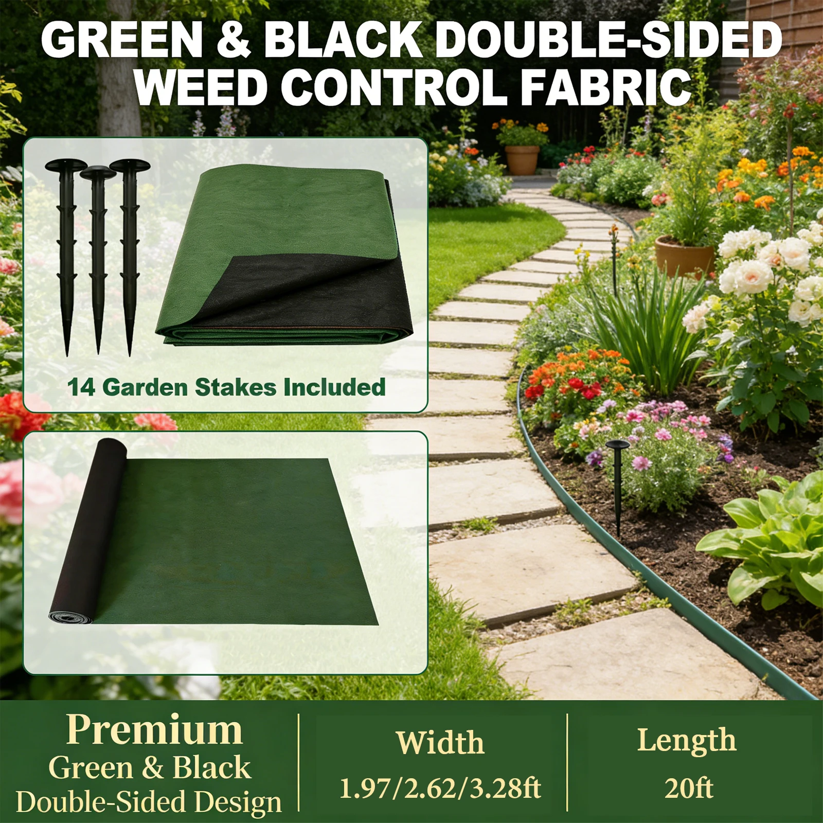 Heavy-Duty Green Black Weed Prevention Fabric, Double-Layer Non-Woven Ground Cover Mat with 14 Staples for Garden Yard Walkway