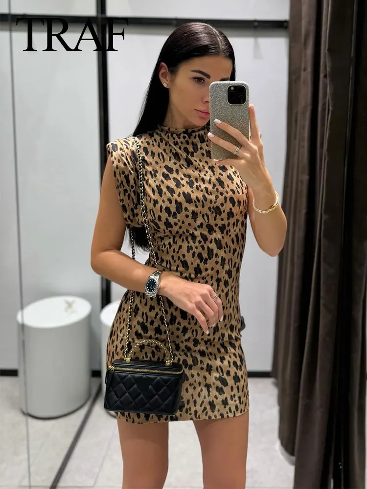 TRAFZA 2024 Nuova Donna Abito con stampa leopardata Senza maniche Abiti da donna sottili Chic Sexy Party Vintage Mini abito da sera femminile