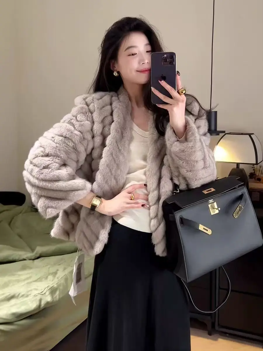 Elegant V Neck Herringbone Short Faux Mink Fur Jacket Women Long Sleeve Plush Jackets Woman Autumn Winter Fluffy Warm Outerwear