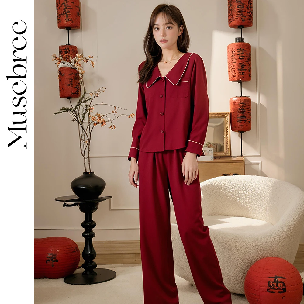 

Musebree Women's Lapel Design Pajama Sets Ladies Red Long Sleeve Pajamas Spring Sleepwear Nightwear Women Loungewear Set