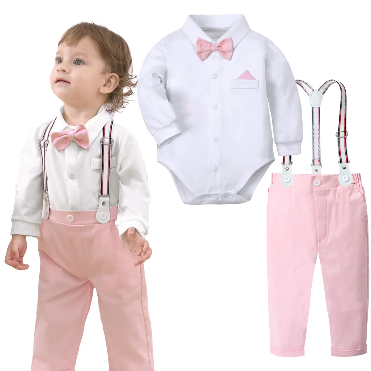 

Baby Boy Pink Outfi Easter Valentine's Day Set Suit for Kids Clothes Party Gift Infant Suspender Formal Photography Costume