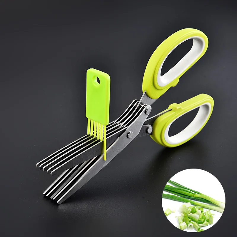 Tijeras para hierbas de acero inoxidable, tijeras de cocina de 5 hojas, cortador de verduras para el hogar con cubierta, utensilios de cocina multifuncionales