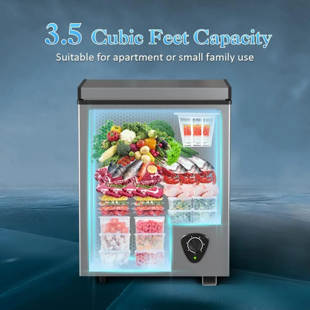 Chest Freezer - Compact Deep Freezer Small Freezer 7 Adjustable Temperature with Removable Basket, 3.5 Cubic Feet Energy Saving