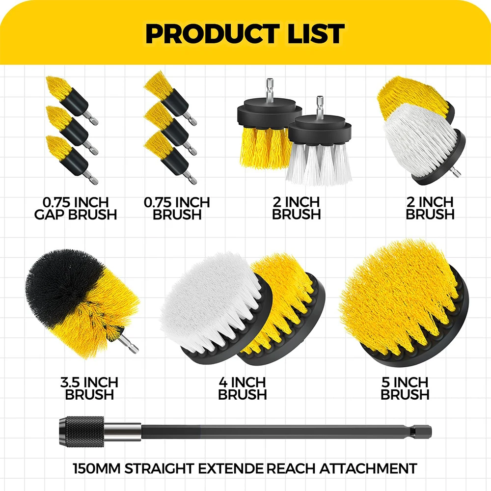 15 Pcs Drill Brush Attachments Set Power Scrubber Brush with Extend Long Attachment Crevice Cleaning Brush Scrub Brush Bathroom