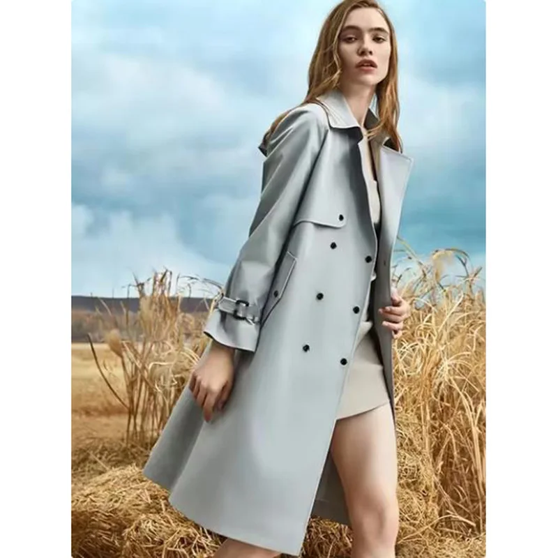 

Women's Mid-Long Double-Breasted Trench Coat with Belt, Female Windbreaker, Basic Coat, Cotton Outwear, Spring, Autumn, 2022