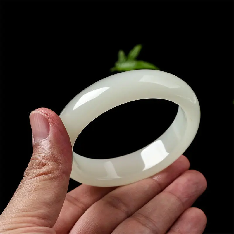 White Jade Medium Wide Jade Bracelet Outer Mongolian Material Women's Sheep Fat White Fine Round Strip Jade Stone