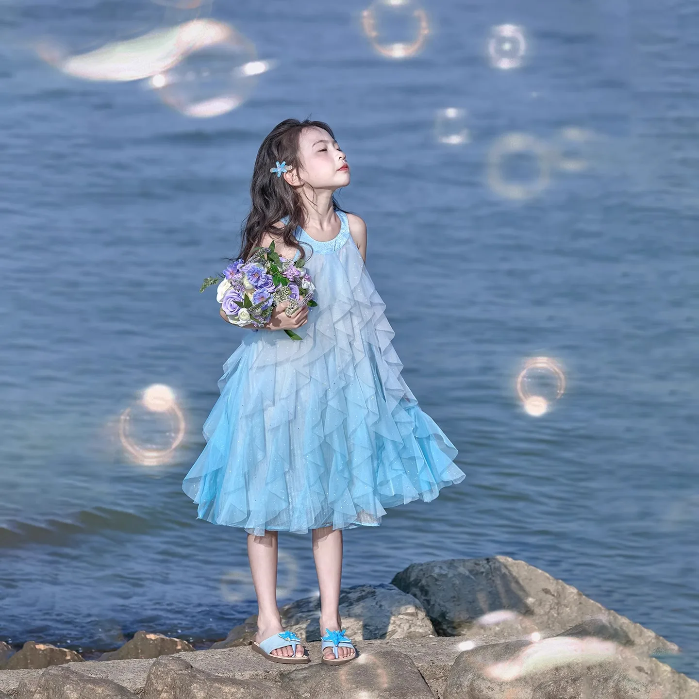 2026 Summer slip kid off shoulder party mesh princess Girls waves Ocean lace Teenager halter dress gradient 4 8 10 12 14 Years