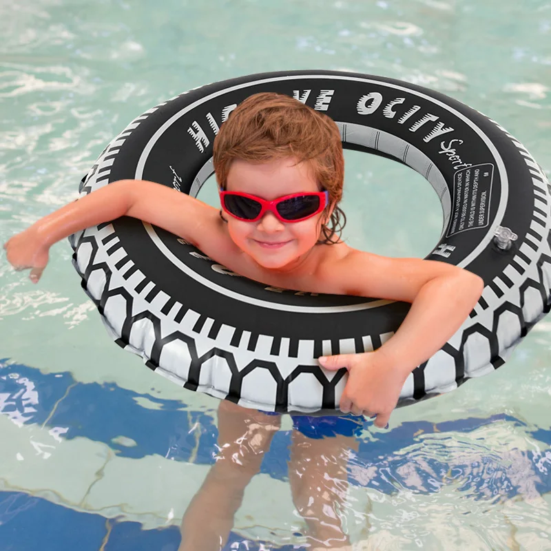 54cm Cool Black Wheel Tire Swimming Ring PVC Summer Kid Inflatable Pool Float Tube Circle Large Buoyancy Water Toys Air Mattress