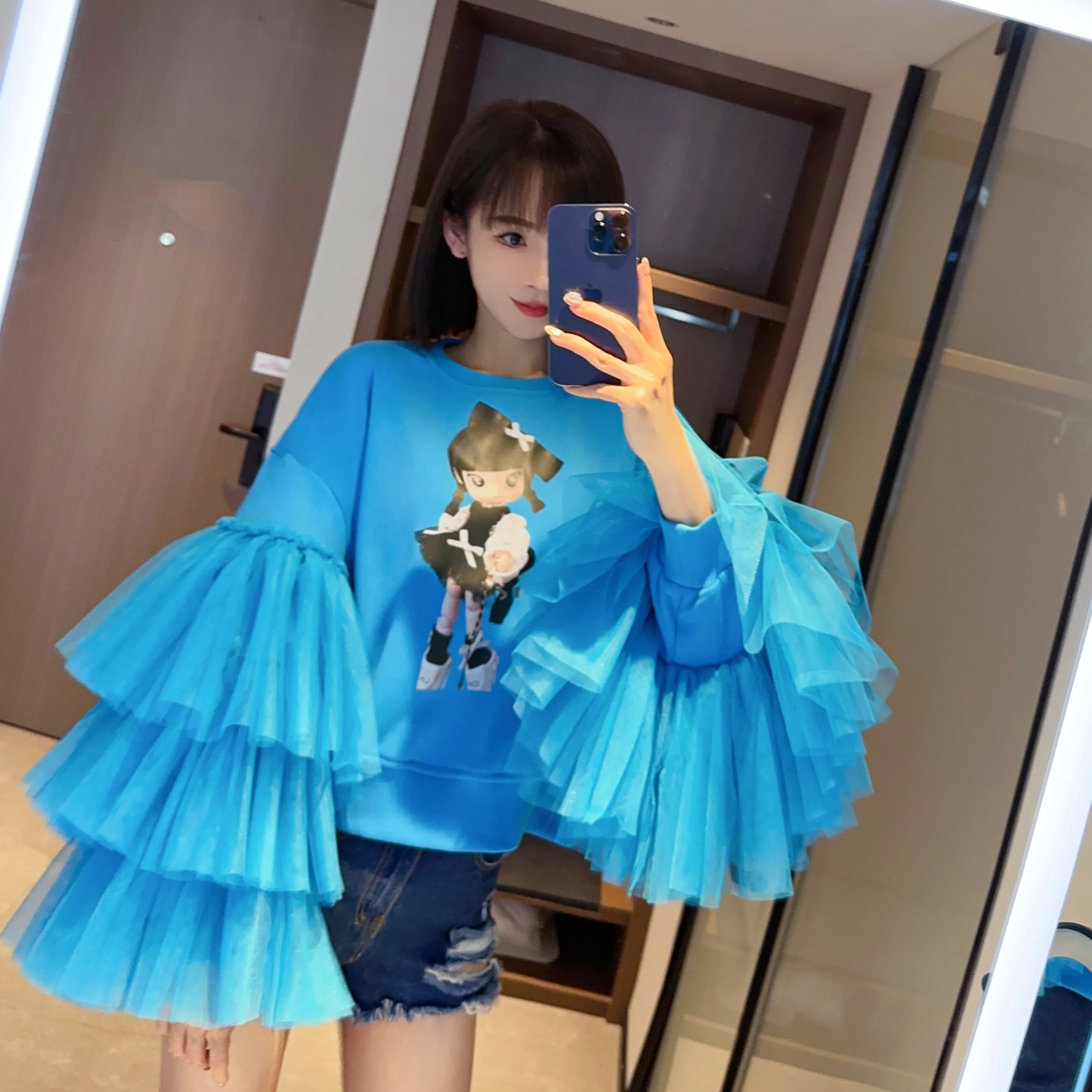 

Women Spring/Summer Cartoon Printed Cake Ruffles Flare Stitching T-shirts Pullovers Gauze Yarn Spliced Tees Jumpers Crop Tops