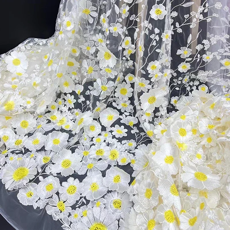Colorful 3D Flower Embroidered Tulle Fabric Diy Wedding Dress Cloth Textile Mesh Luxury Flower Patch Sewing Lace Fabrics By Yard