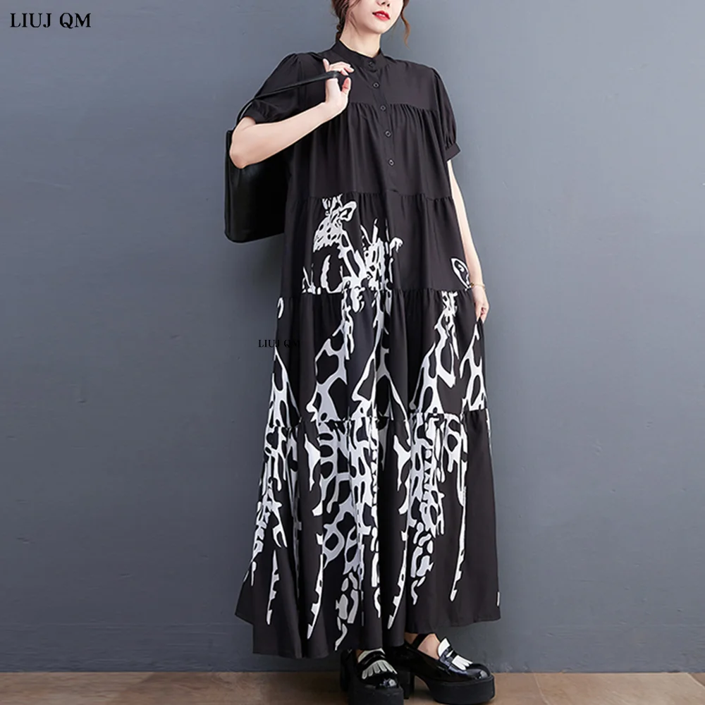 New Korean Style Woman Summer Graffiti Printed Long Black Large Shirt Dress Plus Size Loose Fit Tide Casual Robe Femme