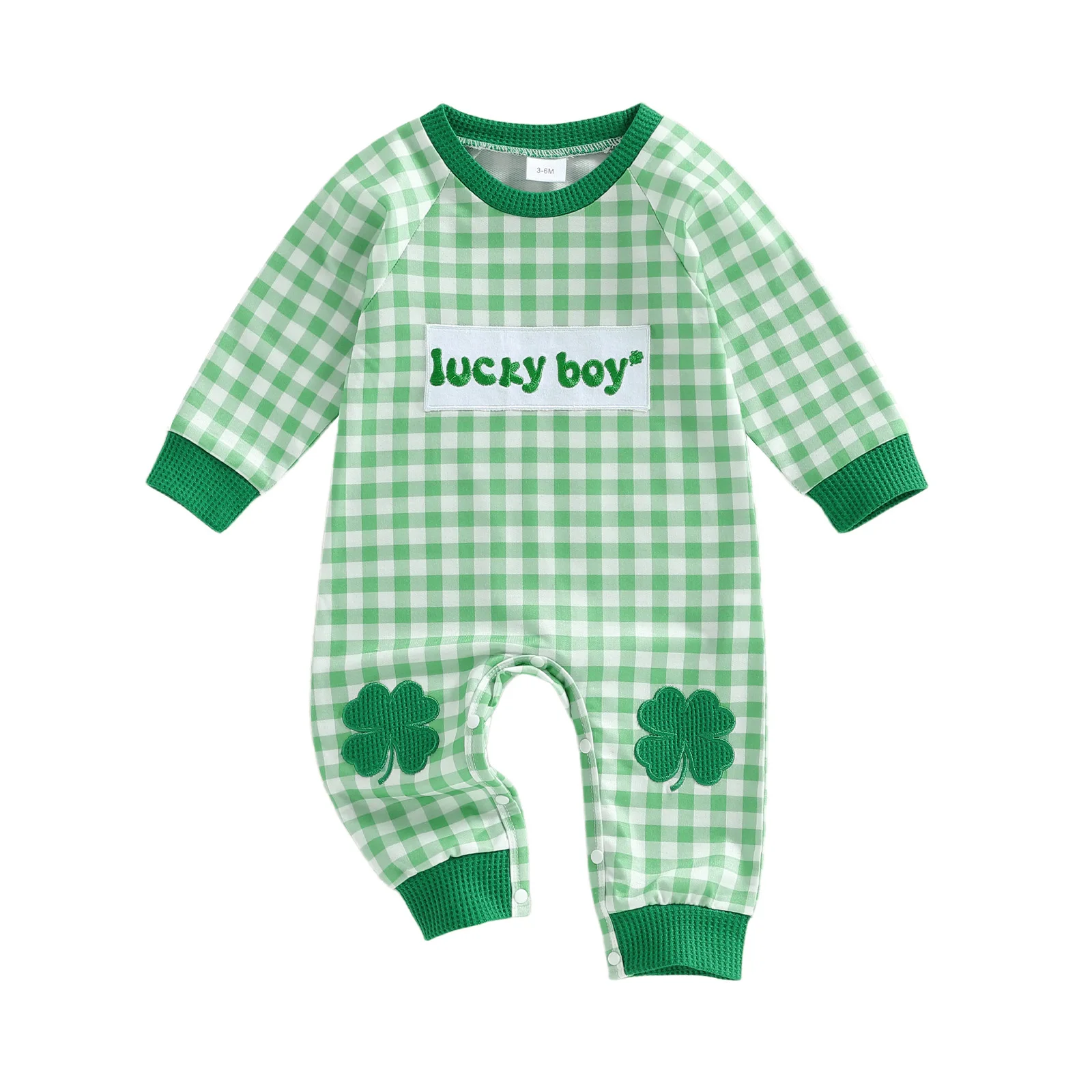 

Весенний комбинезон для маленьких мальчиков, клетчатый комбинезон с вышивкой в ​​виде буквы Shamrock, комбинезон с круглым вырезом и длинными рукавами для младенцев, 0-18 месяцев