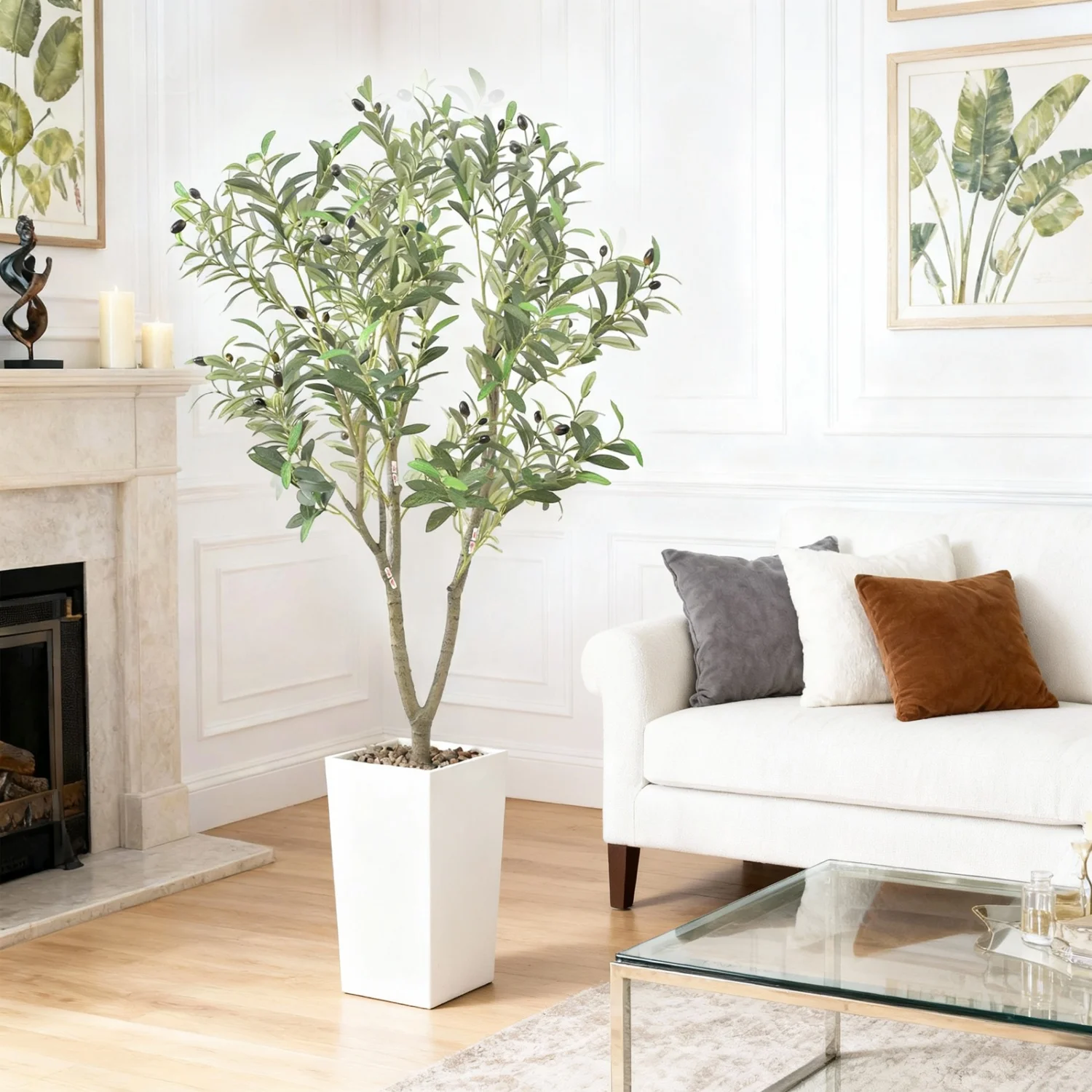 Olivos artificiales para interiores, aceitunas de imitación de 5 pies de alto con macetero alto blanco, planta artificial con frutas realistas para el hogar