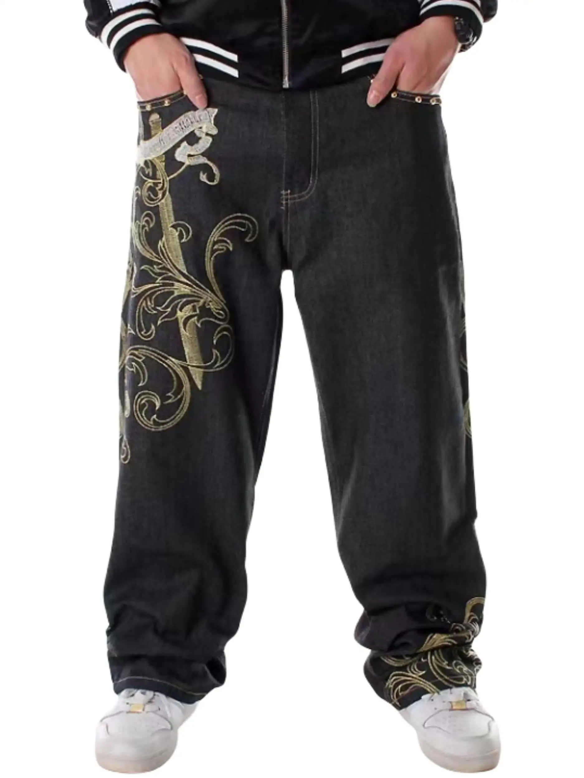 

CHICVOY Men's primary color jeans embroidered hip hop high street pants fashion casual loose skateboard pants.