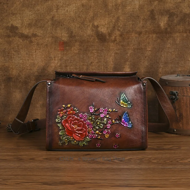 

2025 New Women's Shoulder Bags Handmade Embossed Genuine Leather Bag Retro Floral Crossbody Bags