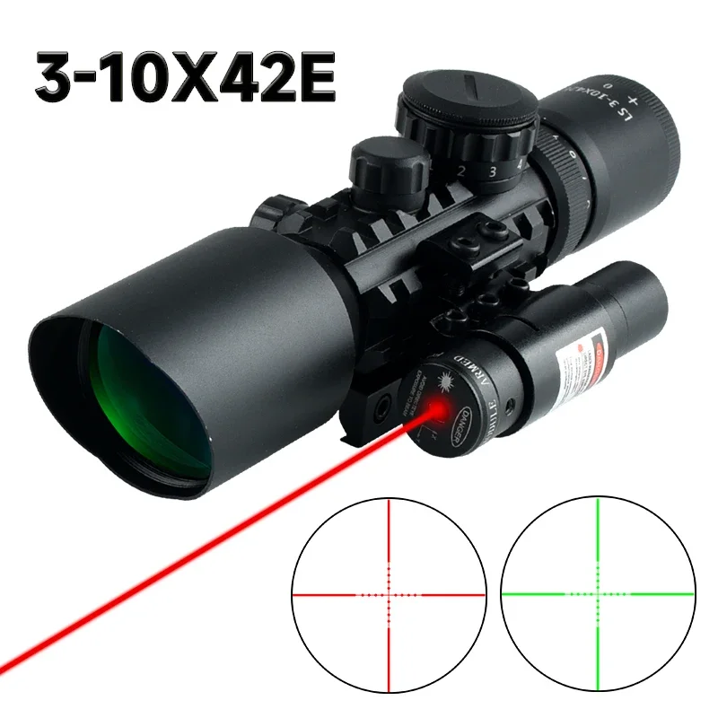 

3-10x42E Tactical Red Laser Sight Optical Riflescope Green Red Illuminated Reflex Scopes Adjustable Rail Rifle Scope Hunting