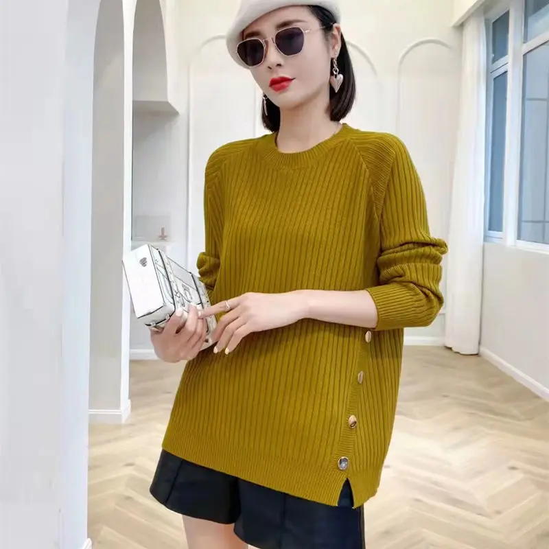 

Women Winter O Neck Split Sweater Casual Pullover Loose Long Sleeve Knitted Tops Korean Fashion Stretch Knitwears Jumpers U1060