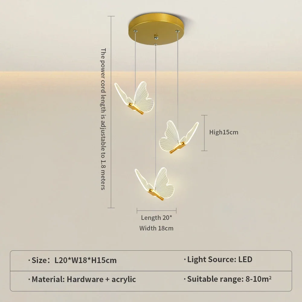 LED Modern Three Headed Butterfly Restaurant Pendant Light, Bedside Indoor Living Room Dining Room Kitchen Decoration Lighting