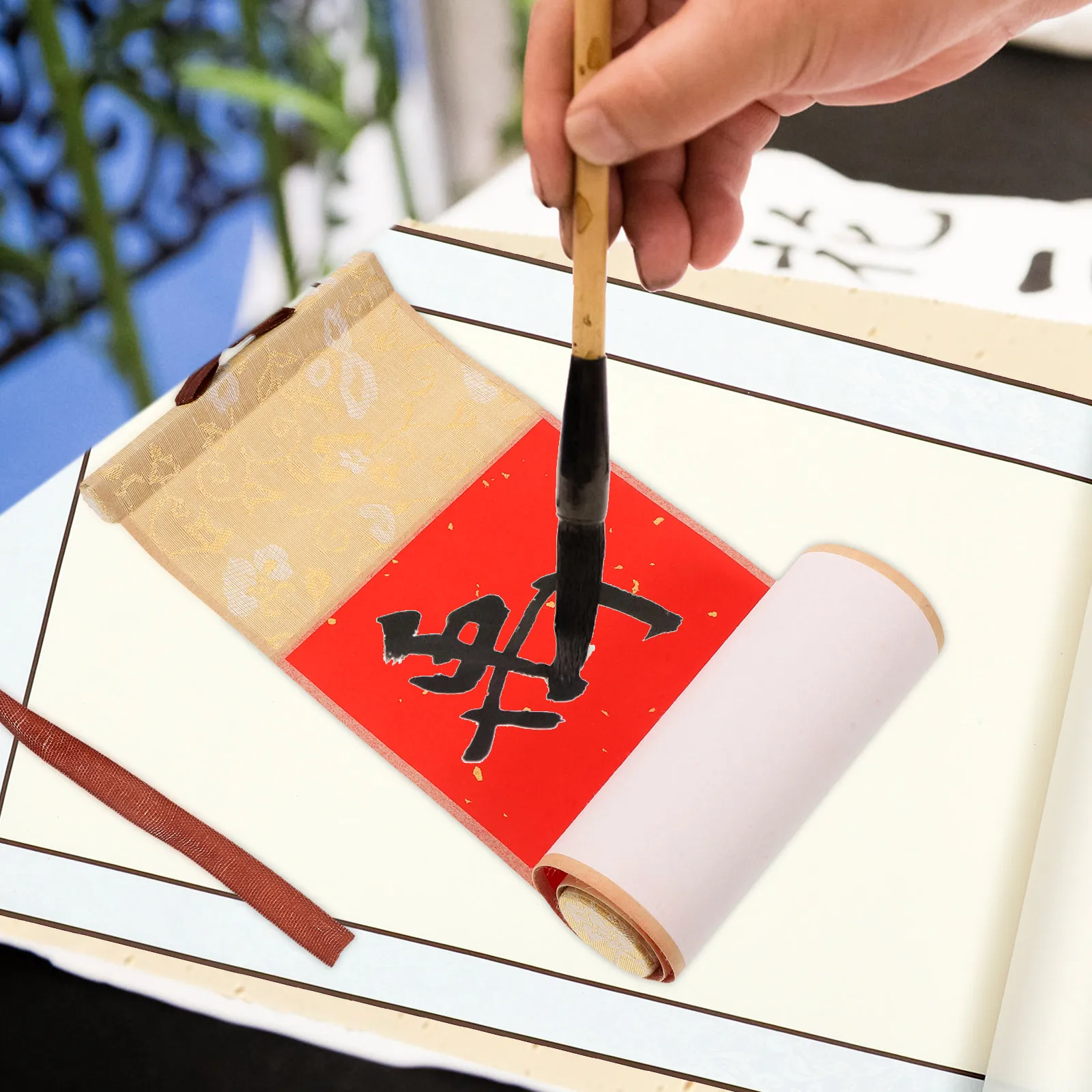 

Calligraphy Practice Scroll Made of Xuan Paper with Wooden Rods for Chinese Art Painting Wedding Vows Decorative Hanging Display