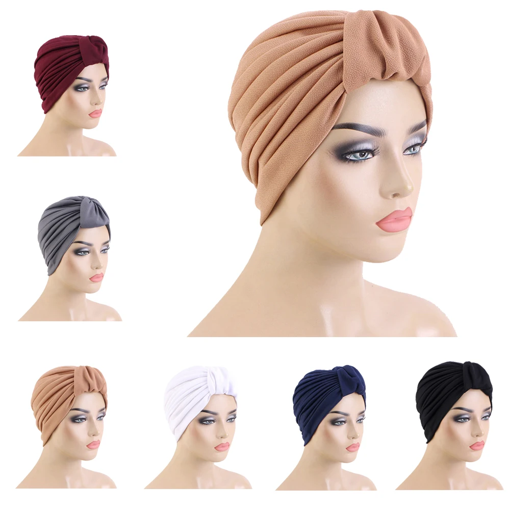 Turbante plisado con lazo para Mujer musulmana, Hijab musulmán, gorro de quimio, diademas africanas, pañuelo para la cabeza para pérdida de cabello, envoltura para la cabeza para Mujer