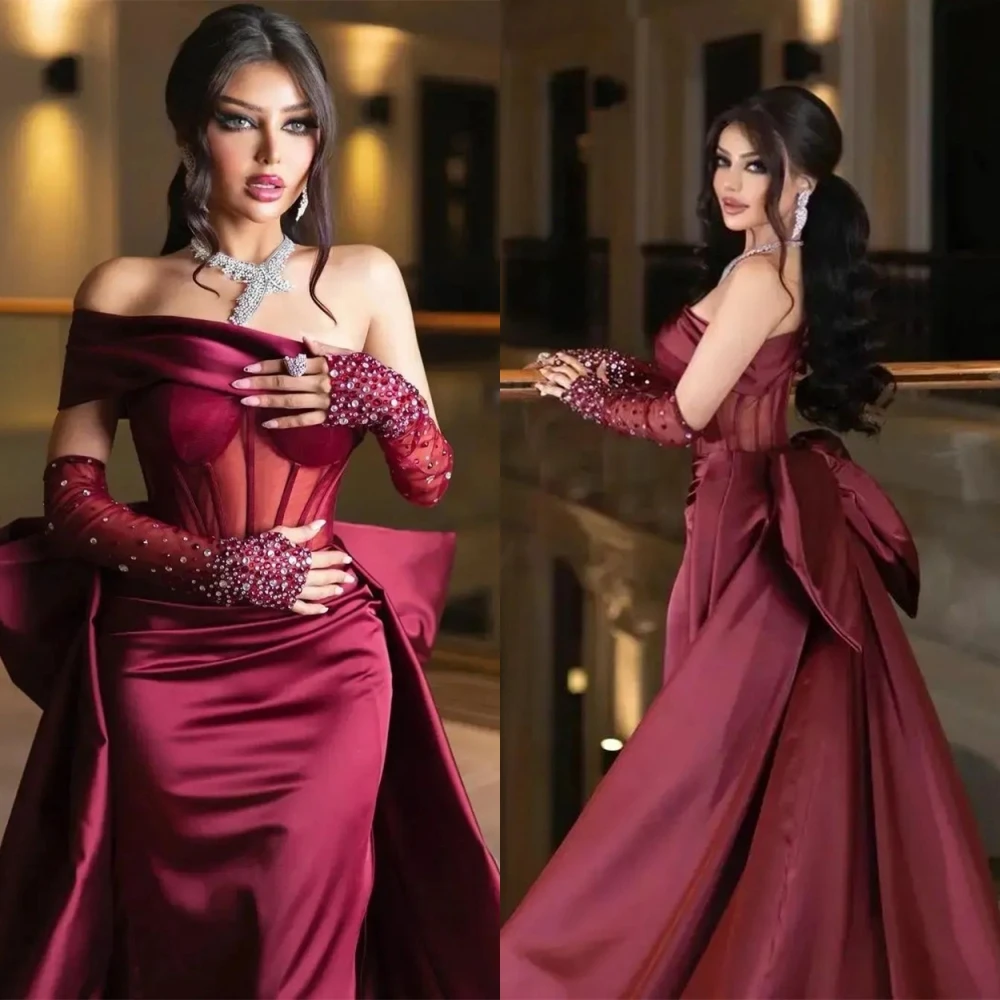 

Exquisite Off-the-shoulder Mermaid Sweep/Brush Evening Dresses Bows Rhinestone Satin Formal Occasion Gown فساتين سهره نسائيه فخم