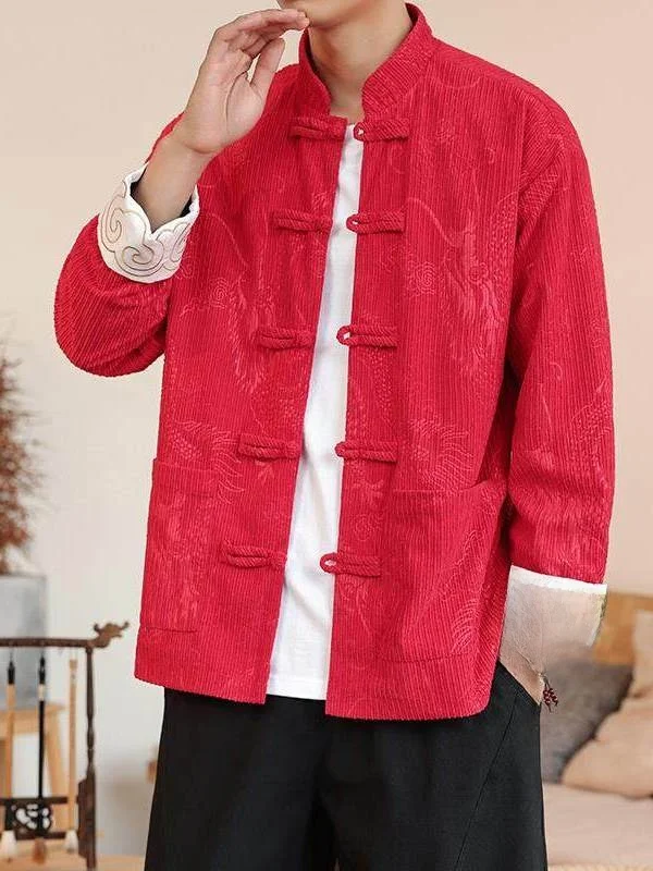 

Красная китайская вельветовая куртка с вышивкой для мужчин, на пуговицах, в винтажном стиле, праздничная, из смесового хлопка и полиэстера